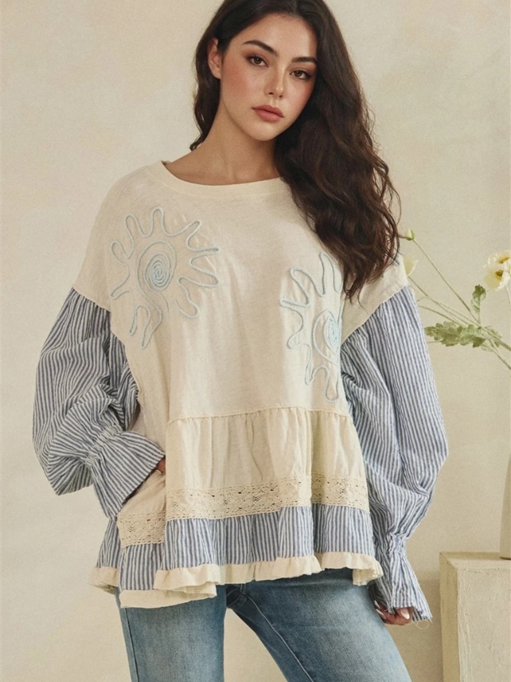 Oli & Hali Striped Print Ruffle hem Long Sleeve Top